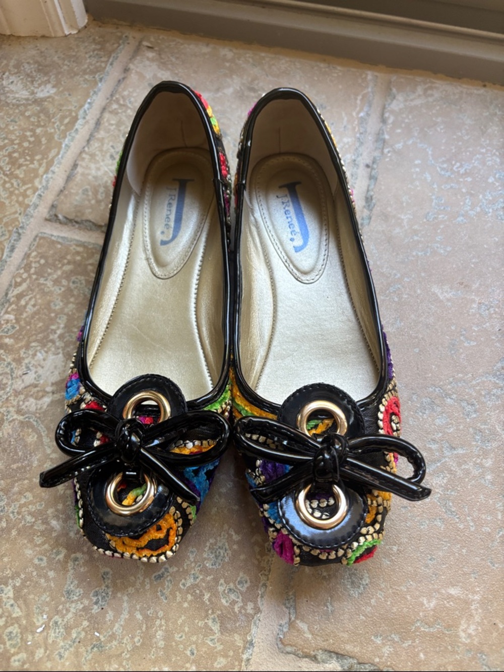 J.Renee Black Patent Bow Multicolor Embroidered Flats